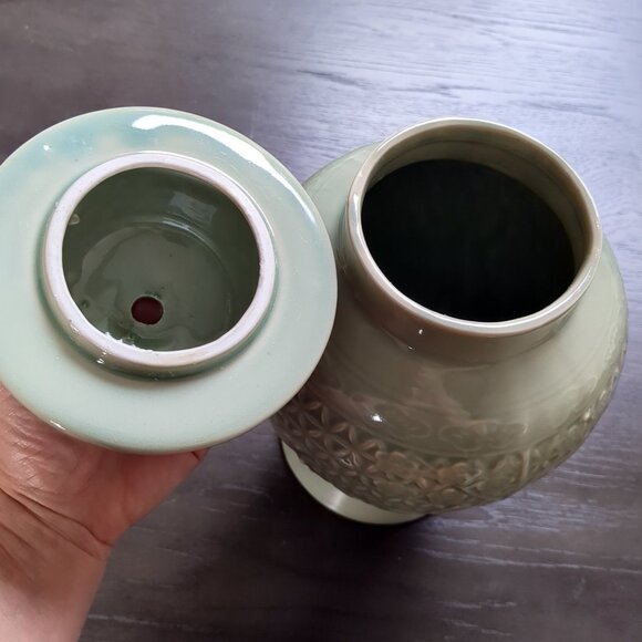 Wildwood Home Celadon Glazed Ginger Jar Lamp Base w/ Floral Fauna Engraving - Picture 7 of 12